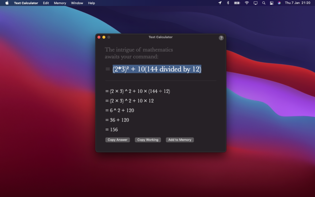 Screenshot of Text Calculator Mac app processing sums